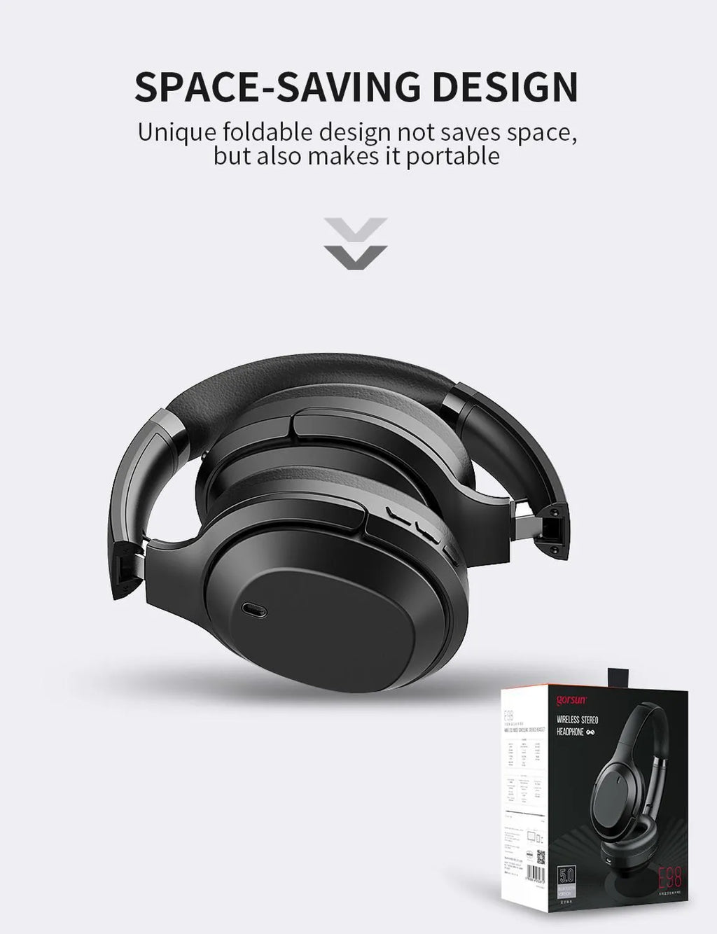 Black Gorsun E98 over-ear wireless Bluetooth headphones with adjustable headband.