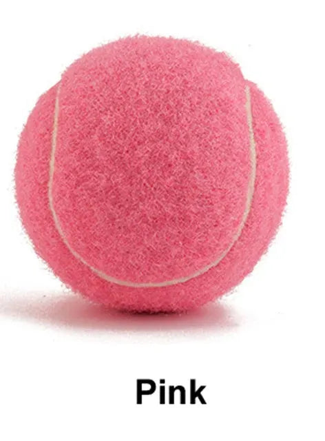 Blue, green, pink, and yellow 6.3cm rubber dog tennis balls for bite-resistant fetch play.