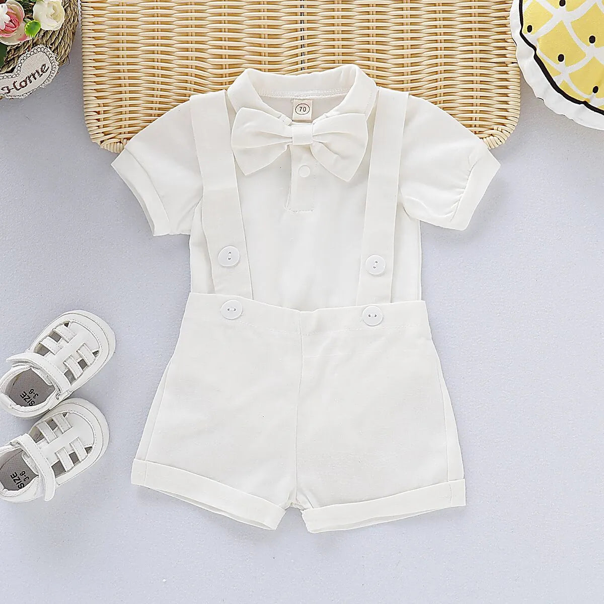 Baby romper bow tie overall dress set in cotton with shirt and shorts overalls, three-piece neutral outfit