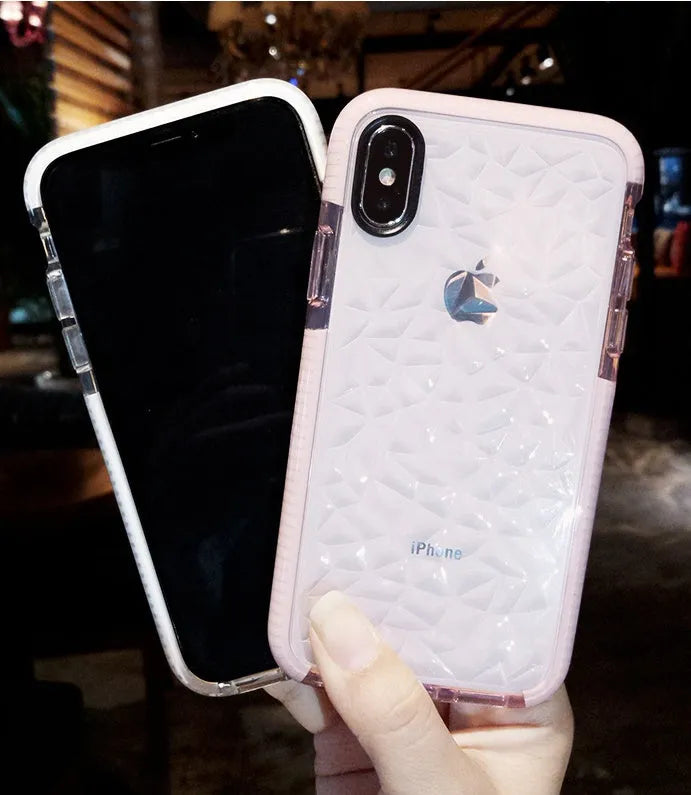 TPU iPhone back cover case with striped pattern, shown in pink edge, white edge, and black border colour options.