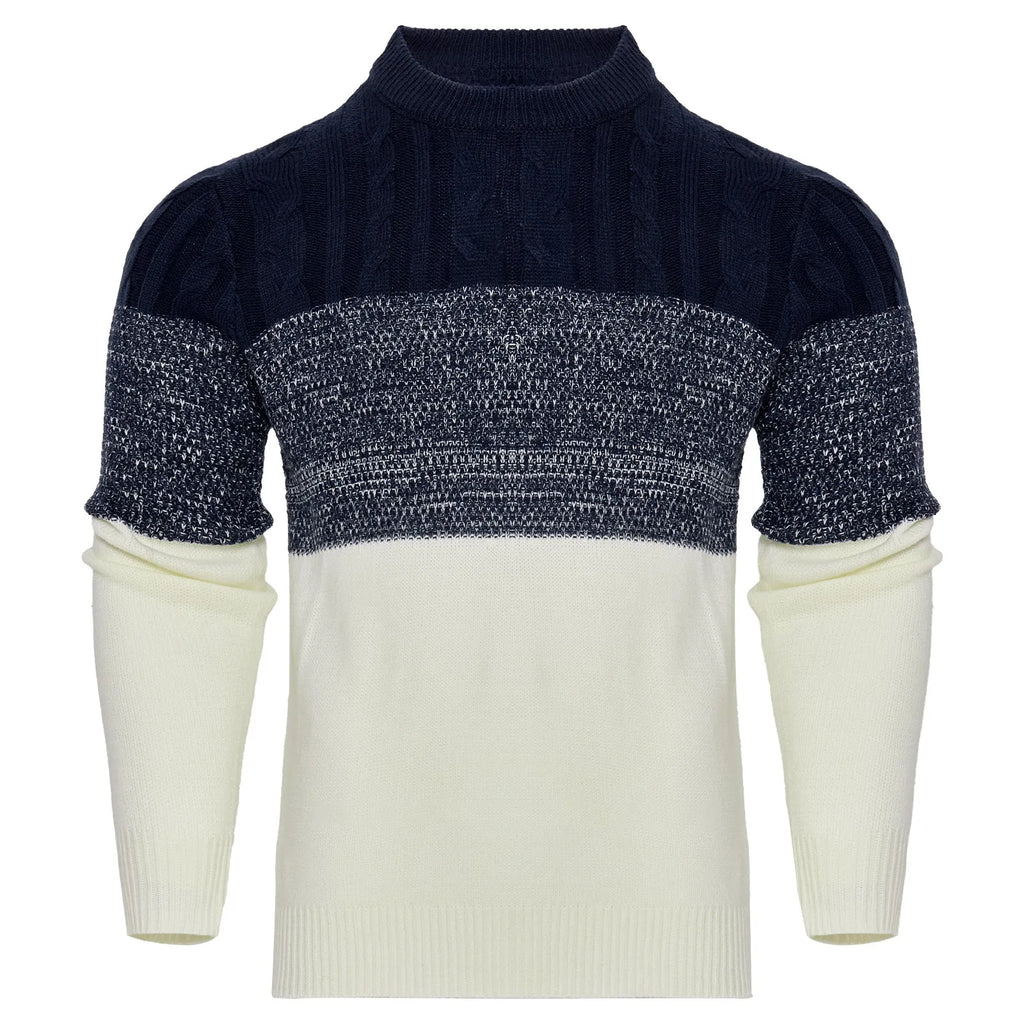 A men's long-sleeved knitted pullover sweater shown in one of five available styles.