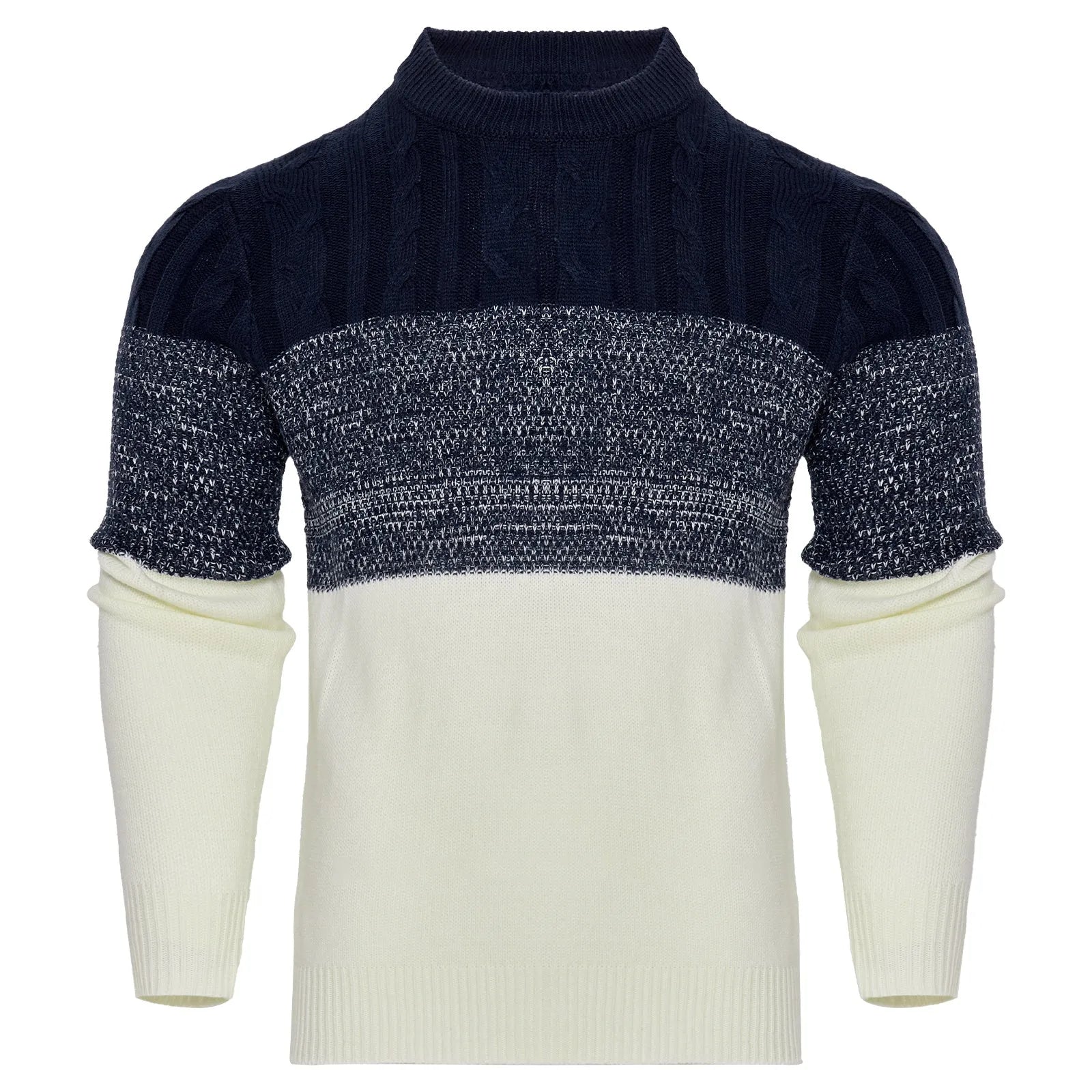 A men's long-sleeved knitted pullover sweater shown in one of five available styles.