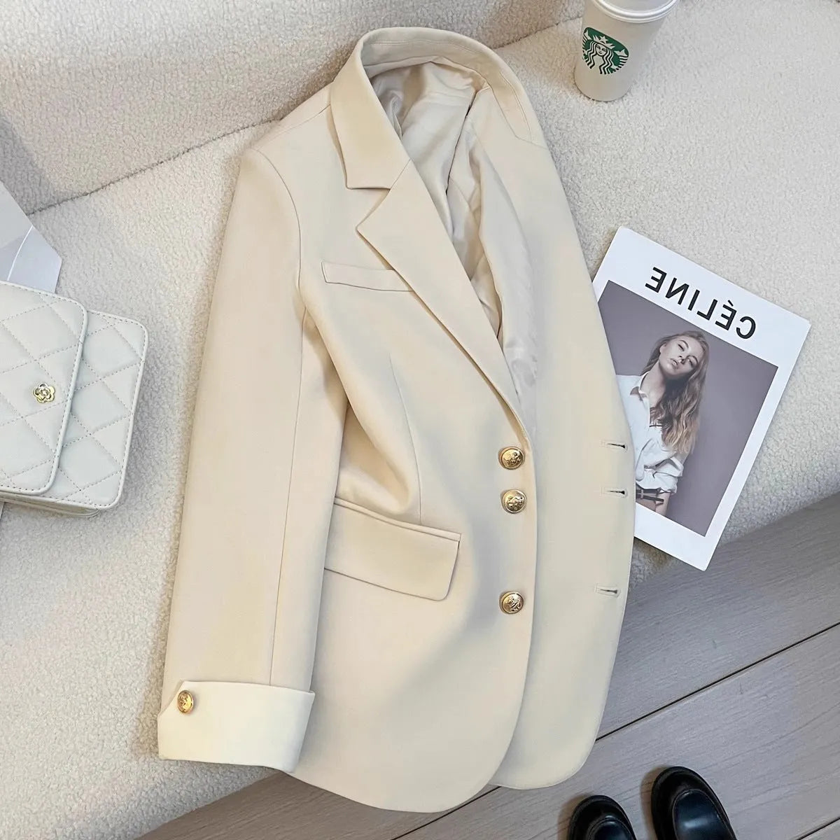 Korean style women's loose fit coat in beige or black with pocket details