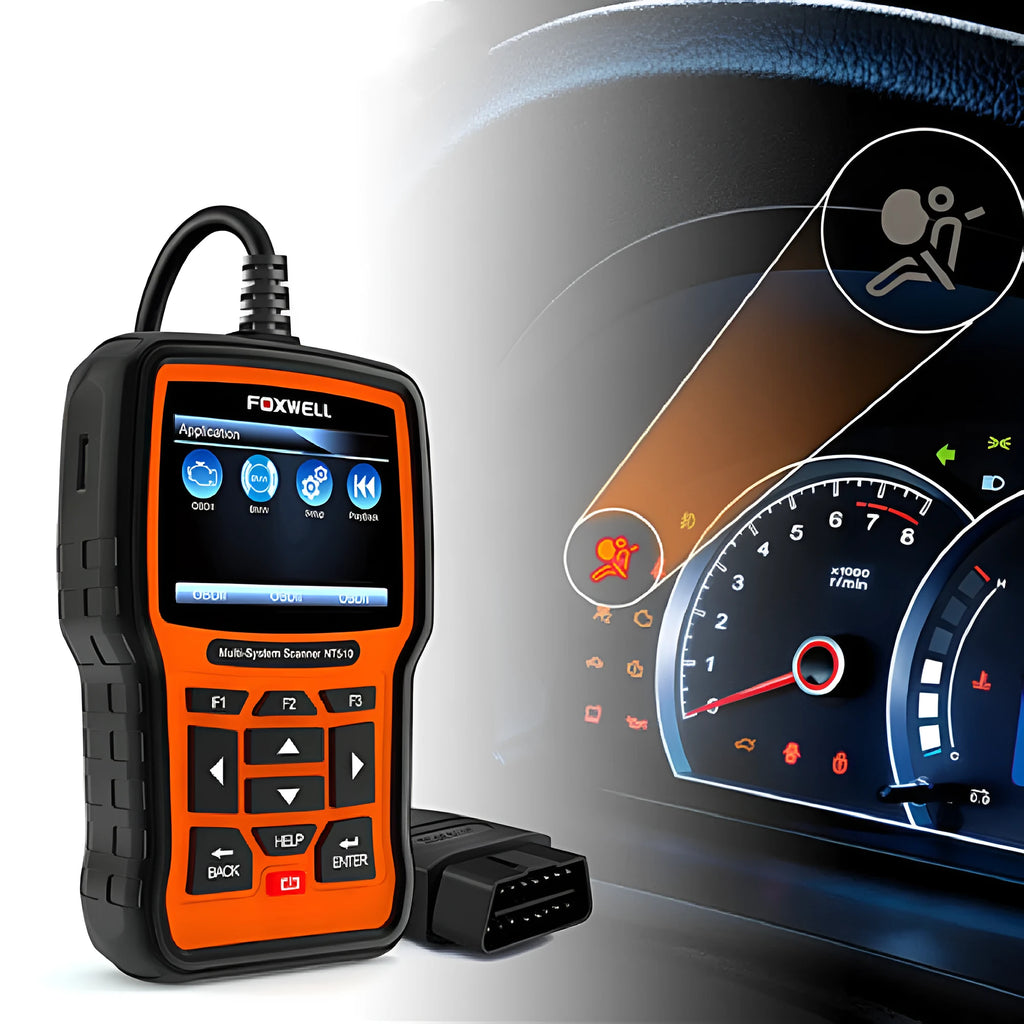 Orange and black Foxwell NT510 automotive diagnostic scanner with TFT screen and data cable for OBD2 vehicle fault detection.