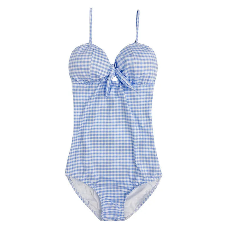 Blue and white plaid women's one-piece swimsuit in nylon fabric for swimming