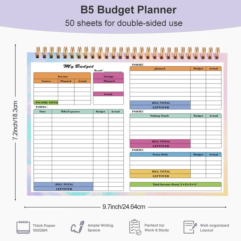 B5 budget tally book with spiral binding showing PP cover and open pages for financial recording