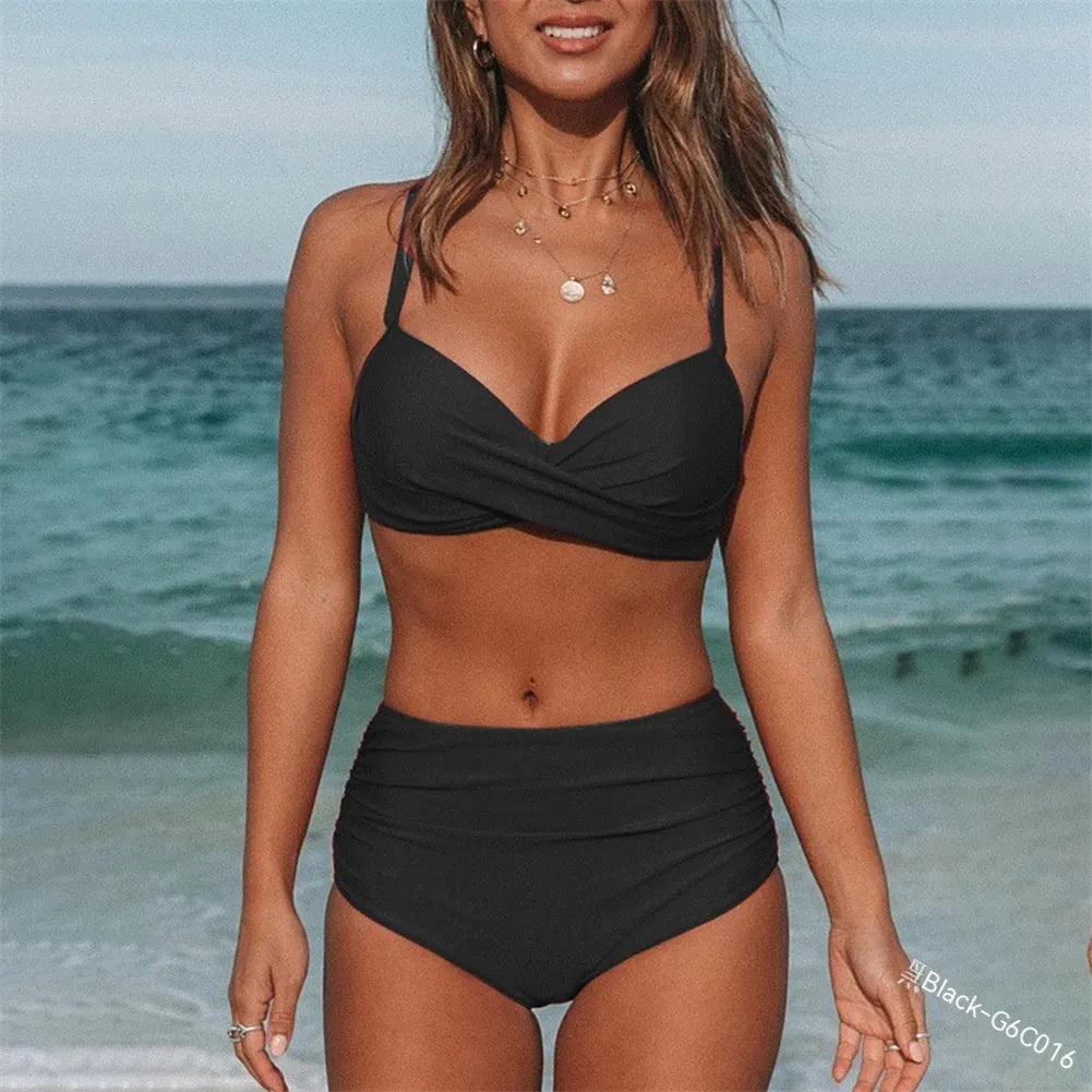 Women's cross strap bikini swimsuit in solid colour with briefs style design
