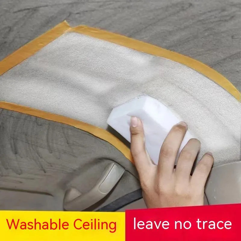 Wash-free fabric roof foam cleaner bottle with microfibre towel and sponge wipes for car interior cleaning.