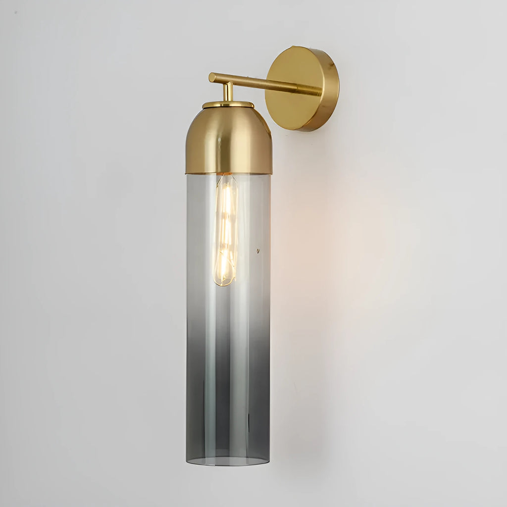Nordic minimalist glass wall lamp in smoke grey colour mounted on a light wall.