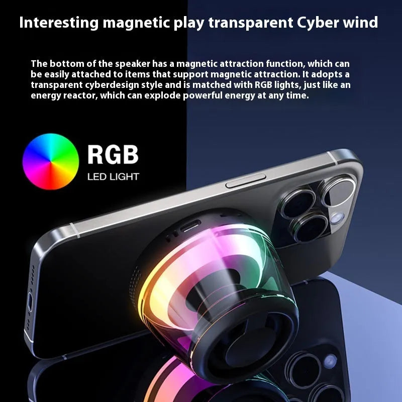 Black and white portable Bluetooth speaker with LED ambient lighting effects and magnetic base.