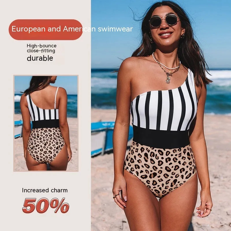Leopard print women's one-piece swimsuit with an asymmetrical collar and high-waist briefs style.