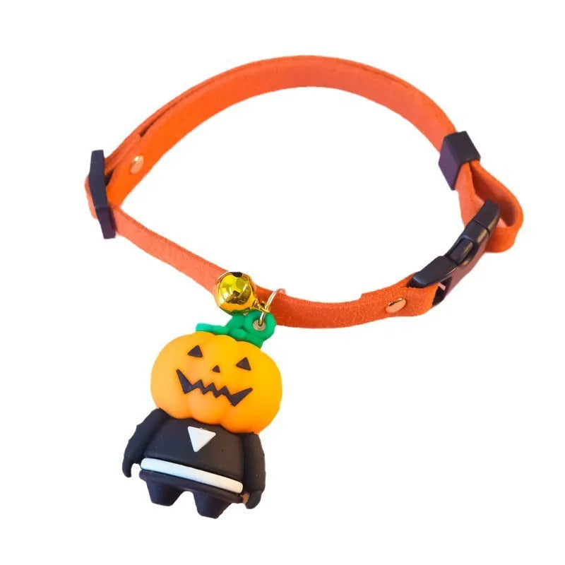 Halloween pet collar decoration with luminous patterns in polyester material showing size options from 16cm to 56cm
