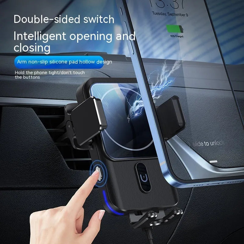 Black car wireless phone charger holder showing 15W charging and clip/suction cup mounting options