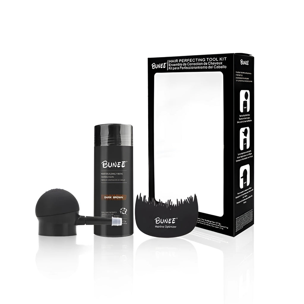 Boxed three-piece keratin hair fibre powder set for thinning hair, showing multiple natural colour shades.
