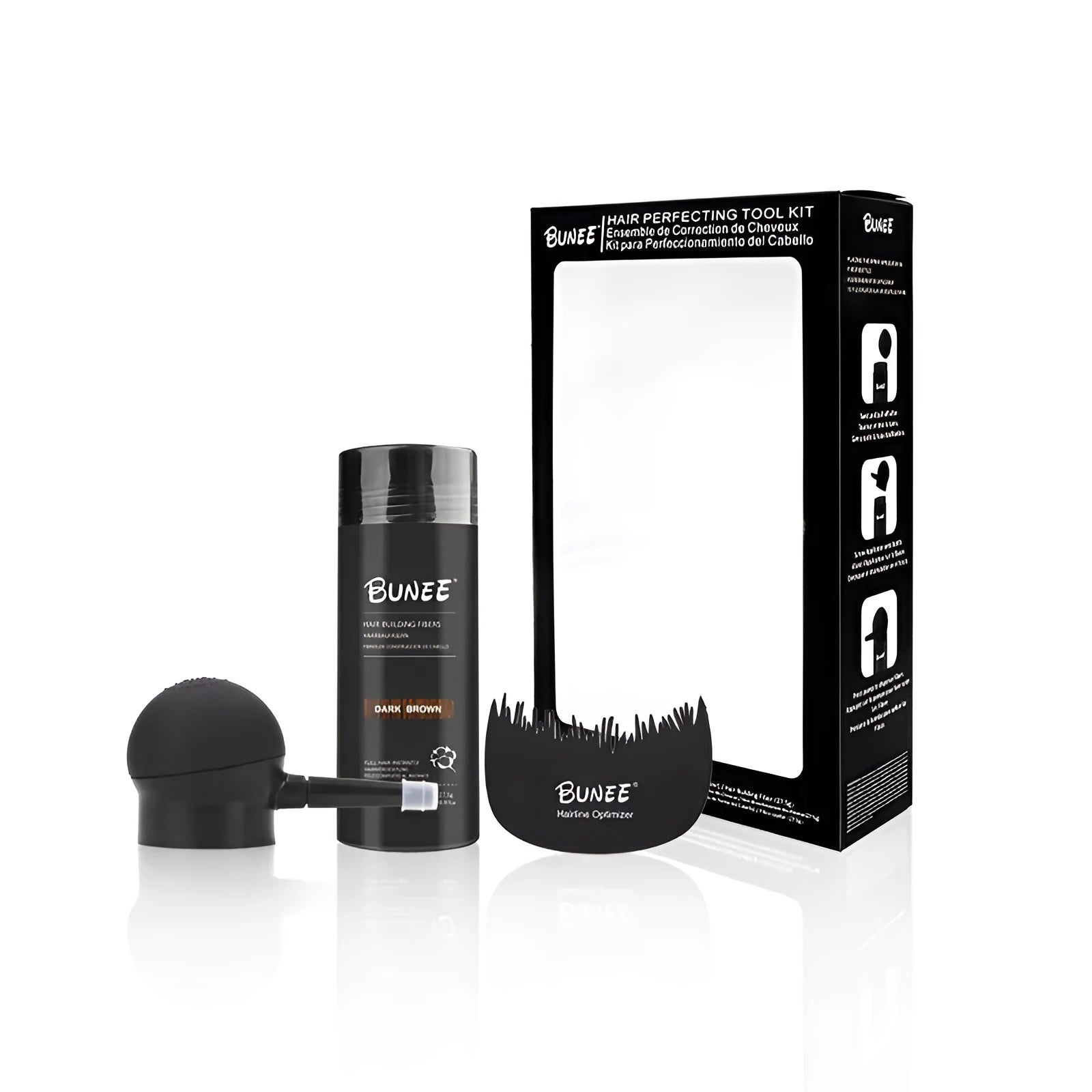 Boxed three-piece keratin hair fibre powder set for thinning hair, showing multiple natural colour shades.