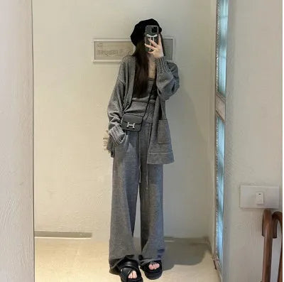 Women's knit cardigan vest and suspender trousers three-piece set in wool blend fabric