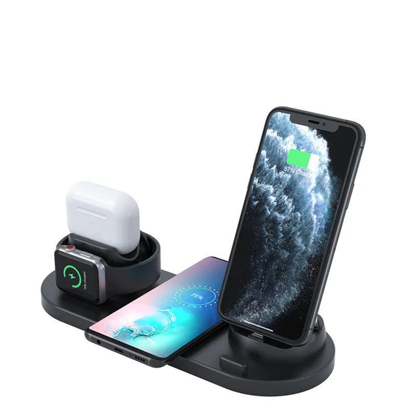 Black or white 6-in-1 wireless charging station holding phone with AirPods and watch charging