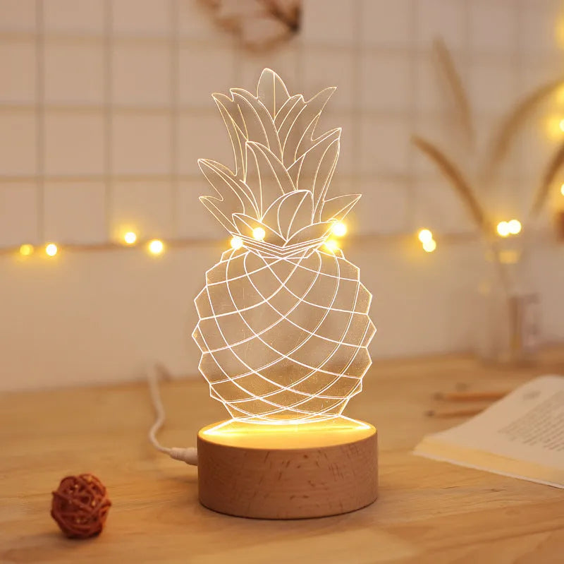 Pineapple-shaped cartoon night light with wood base and acrylic elements on bedside table