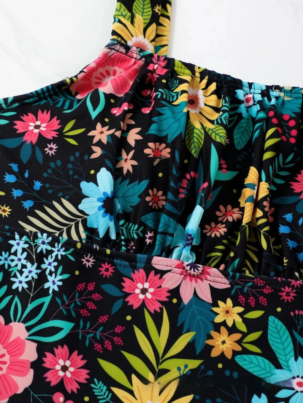 Women's floral print one-piece swimsuit with pastoral style full-bed design in polyester