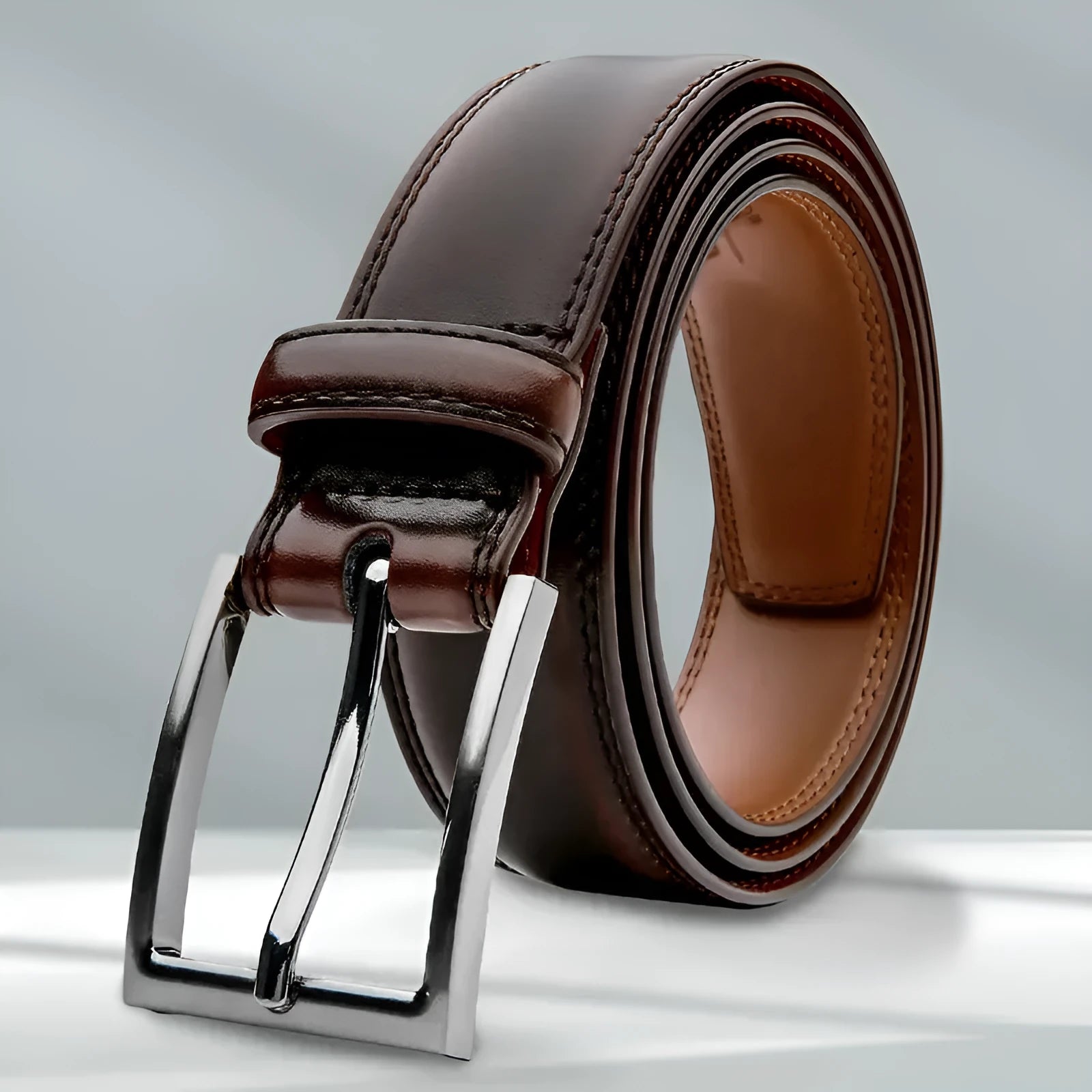 Men's genuine leather casual belt with alloy buckle in 95 grain brown, showing traditional width and length.