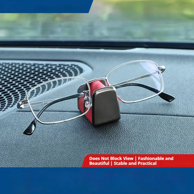 Car dashboard glasses holder in zinc alloy with leather trim, measuring 3.7x3.2x2.5cm