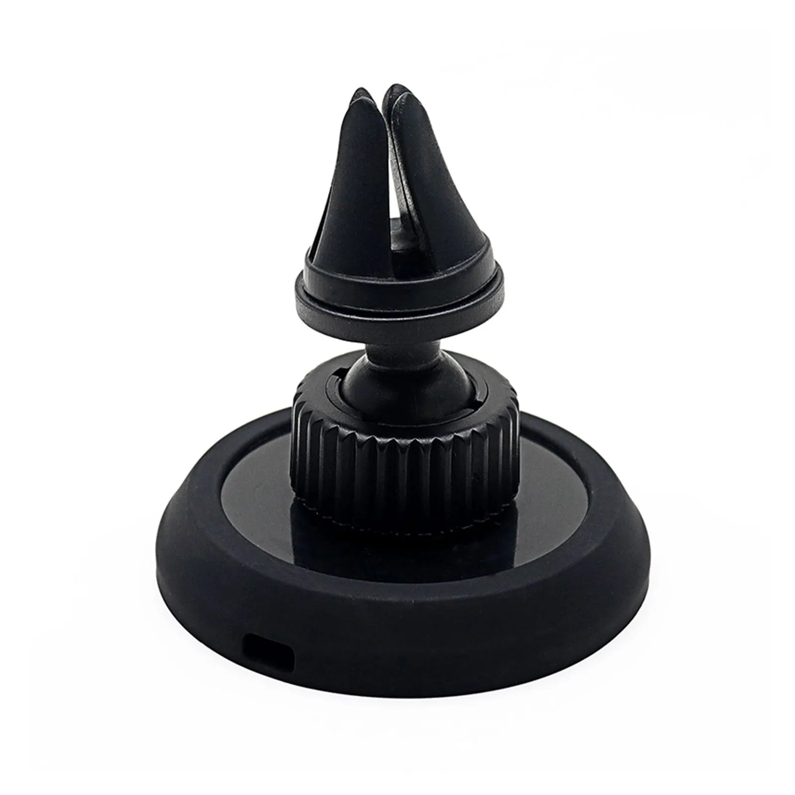 Black plastic magnetic car phone holder shown as an air vent mount and a dashboard base mount.