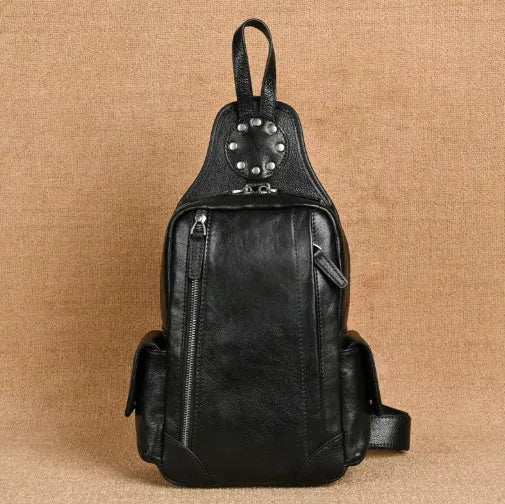 Men's genuine leather chest crossbody messenger bag, 11 inch, in light brown or black with polyester cotton lining.