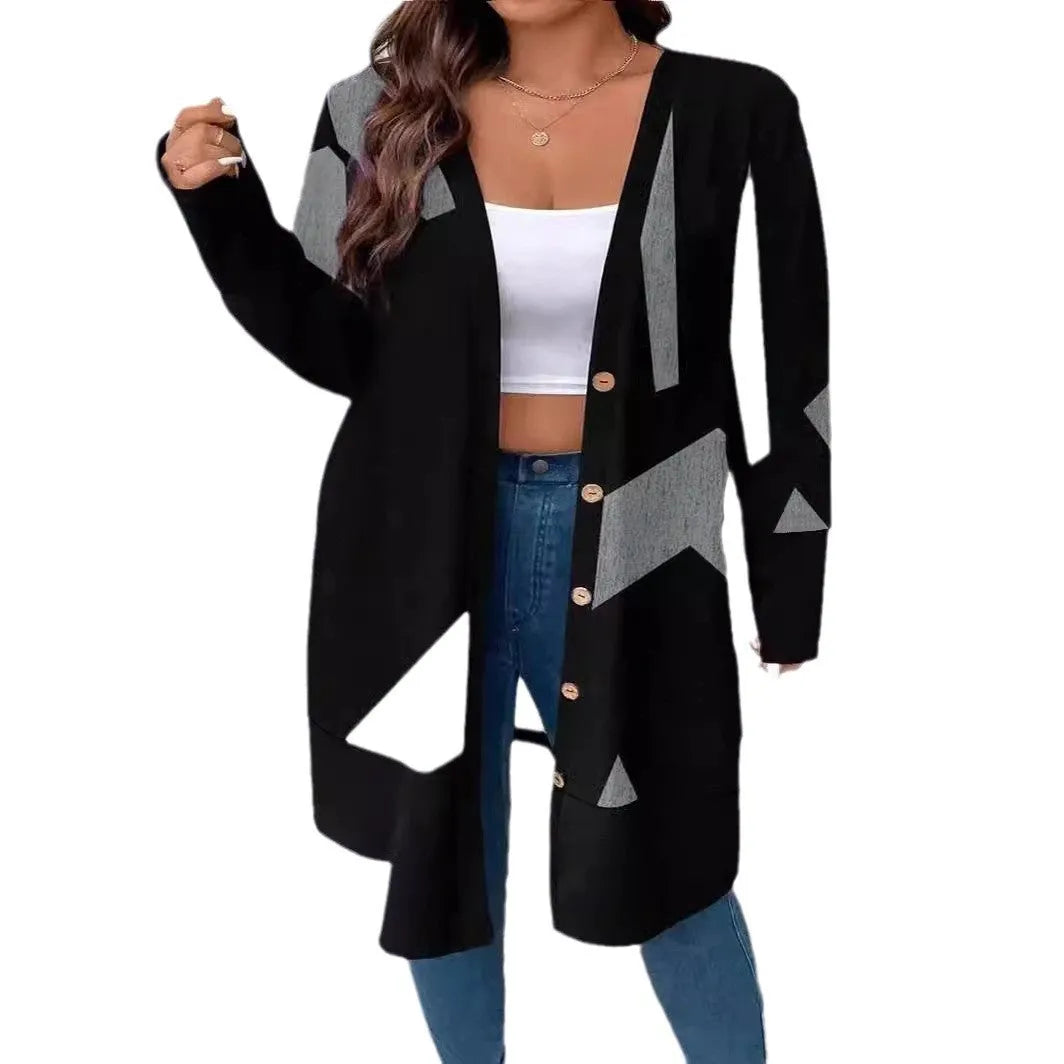 Black plus size casual cardigan coat with button stitching and printed pattern in Japanese Korean style