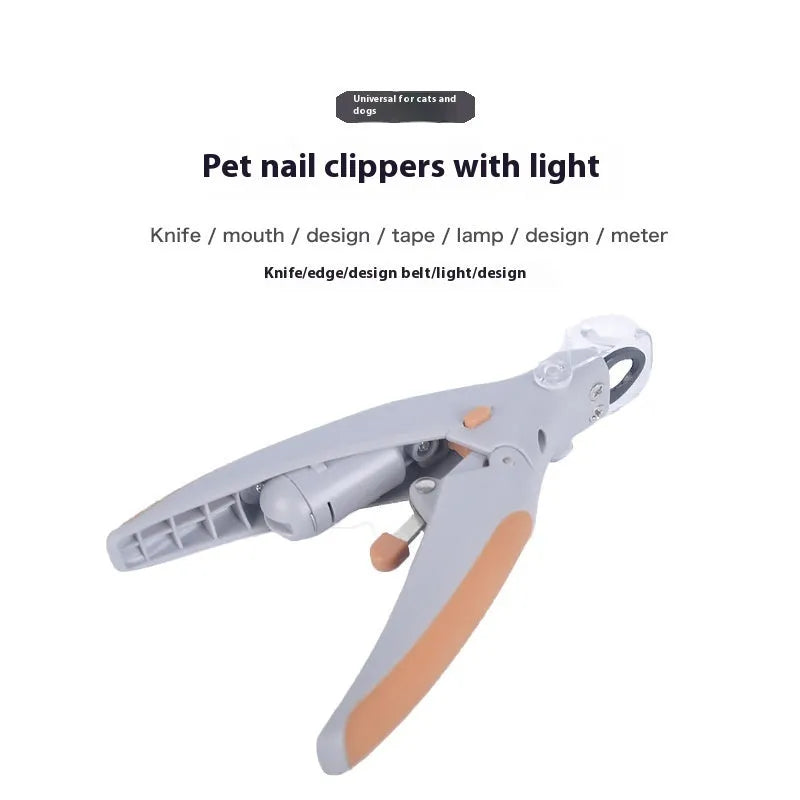 LED illuminated dog nail trimmer with transparent plastic blade guard showing blood line indicator