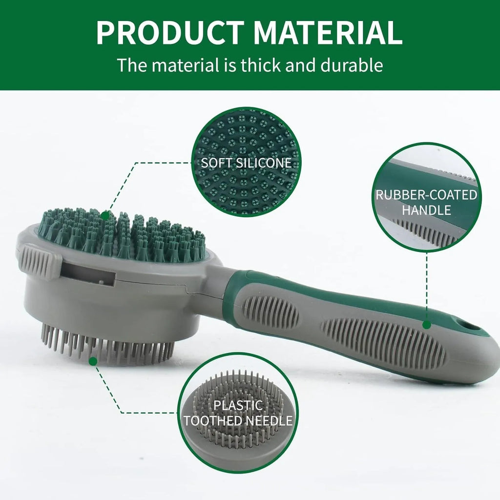 Green and pink two-sided silicone pet brush with slicker bristles and massage teeth on a white background