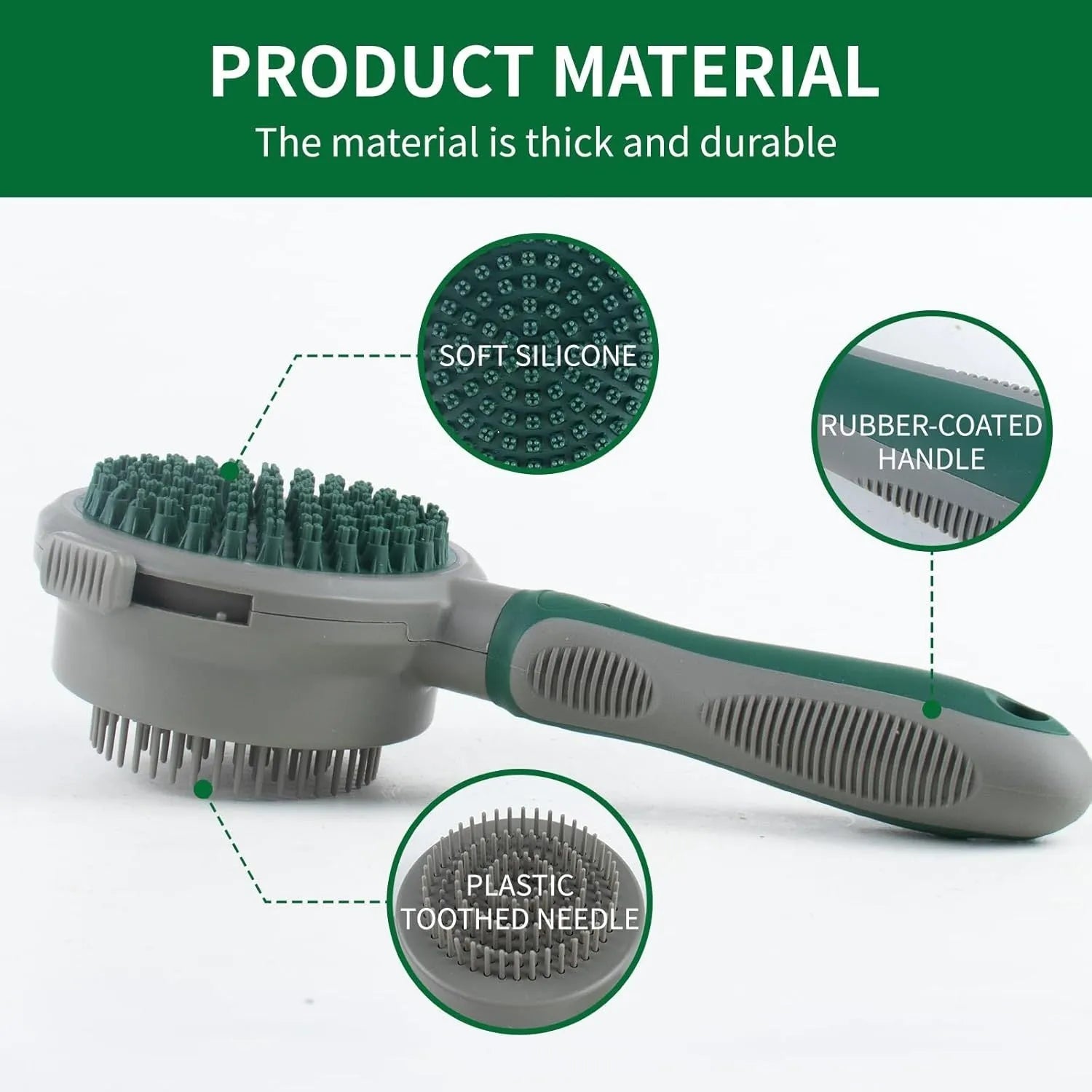 Green and pink two-sided silicone pet brush with slicker bristles and massage teeth on a white background