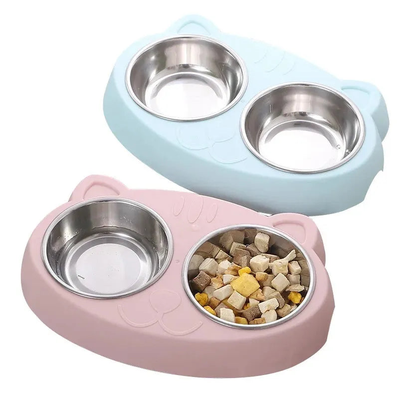 Plastic double bowl pet feeder with non-slip base in blue colour