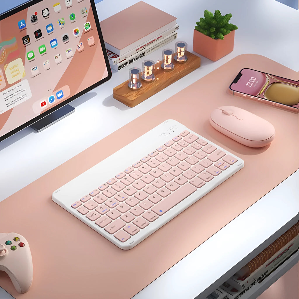 Bluetooth keyboard and rechargeable mouse set in quiet chic white colour for tablet and PC use