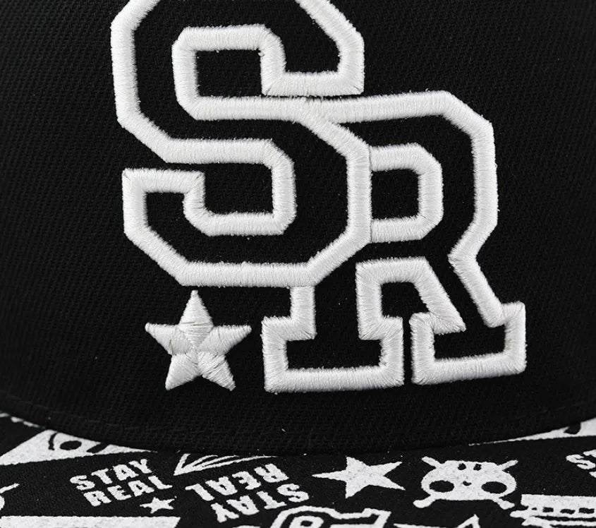 Adjustable cotton baseball cap with dome crown and letter embroidery in black or white