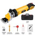 Yellow electric wool shears with 110V plug and multiple cutter heads for animal shearing
