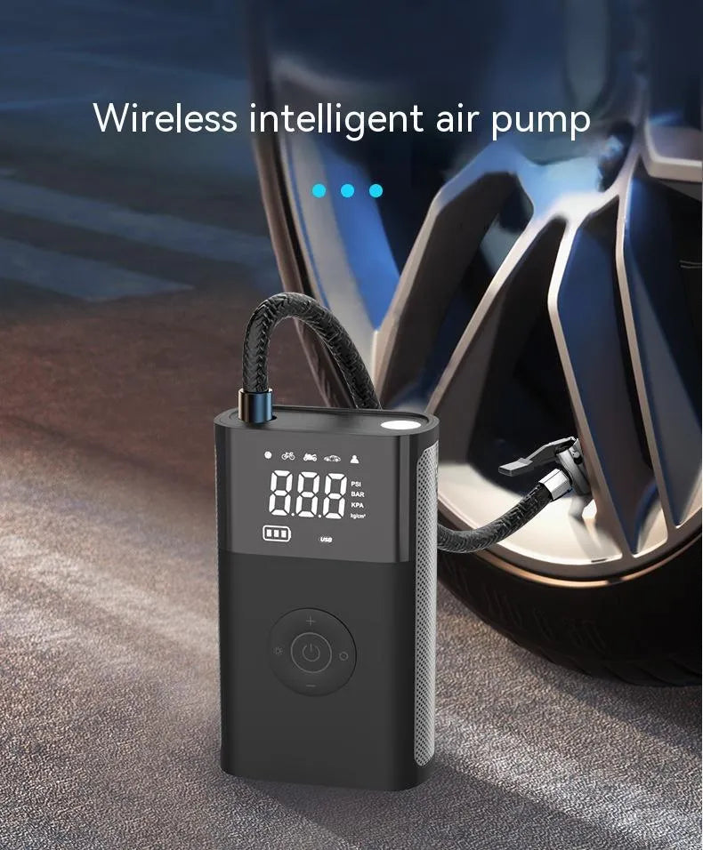 Wireless digital tyre inflator with LCD display showing pressure reading