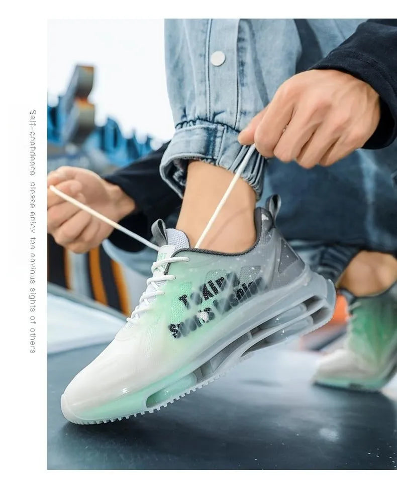 Men's height-increasing platform casual shoes with mesh upper and 3-5cm platform sole in black green colour