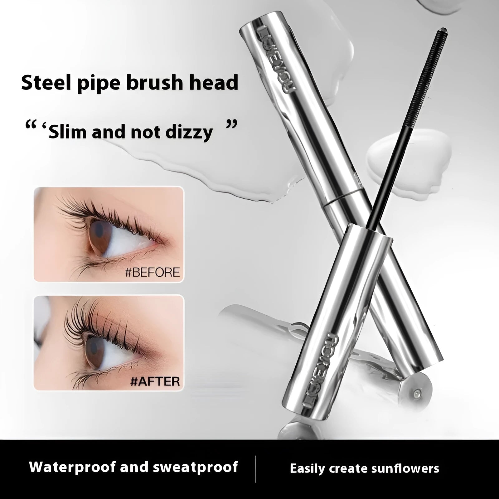 Steel tube waterproof mascara in black and brown with optional eyelash curler