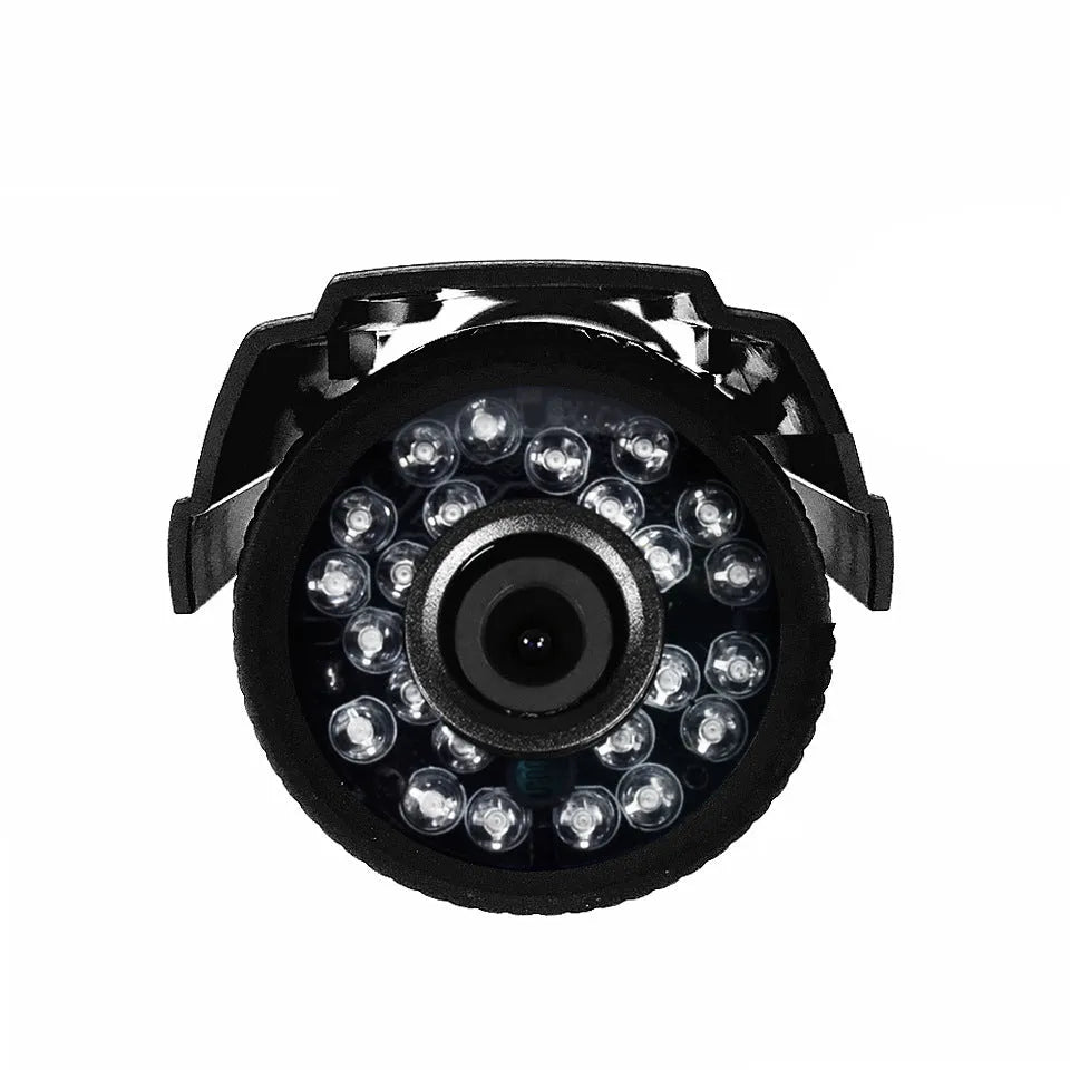 Black HD waterproof security camera with infrared LEDs and a fixed lens for outdoor surveillance.