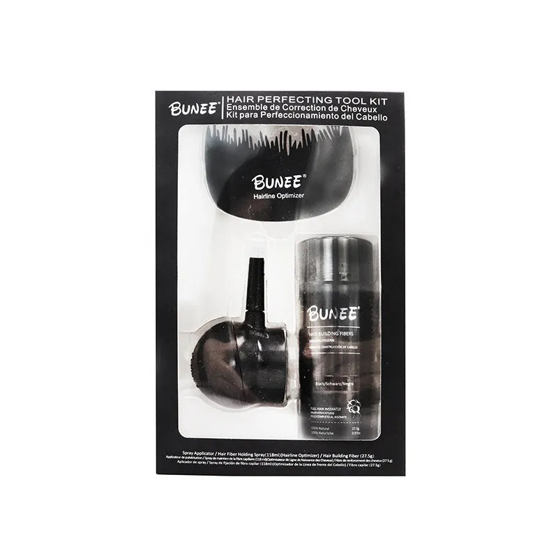 Boxed three-piece keratin hair fibre powder set for thinning hair, showing multiple natural colour shades.