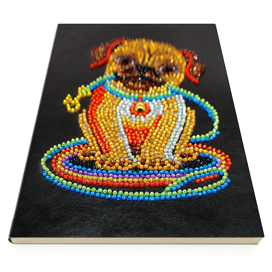 Black A5 diamond painting notebook with 50 pages, shown closed with dimensions 142mm by 207mm.
