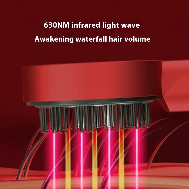 Red and blue light massage hair comb in black plastic with Type-C charging port