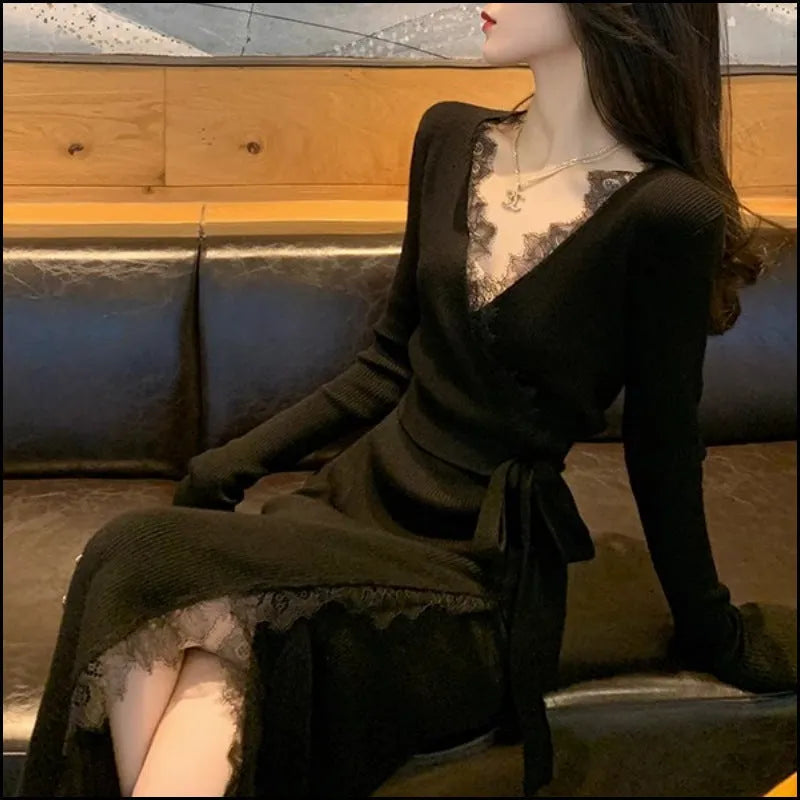 Women's slim fit black woolen skirt with princess dress styling