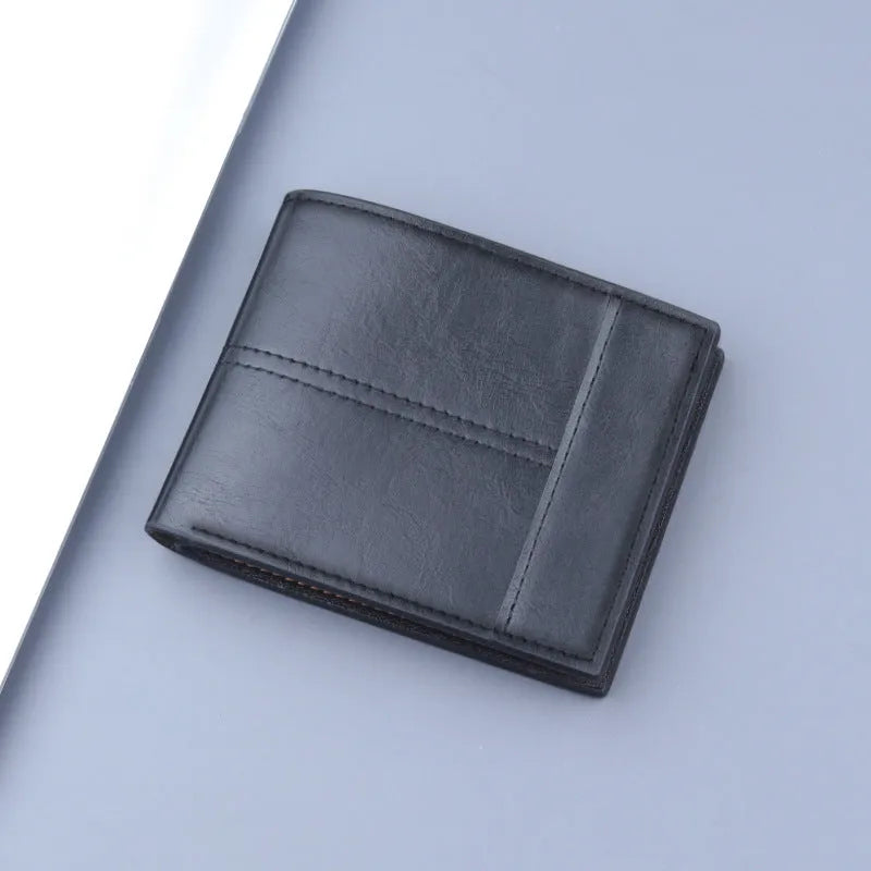 Men's short clip wallet in PU, 11.5 x 9.2 x 2cm, two-fold horizontal design, shown in black, dark brown and light brown