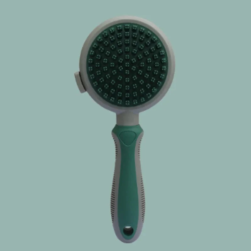Green and pink two-sided silicone pet brush with slicker bristles and massage teeth on a white background