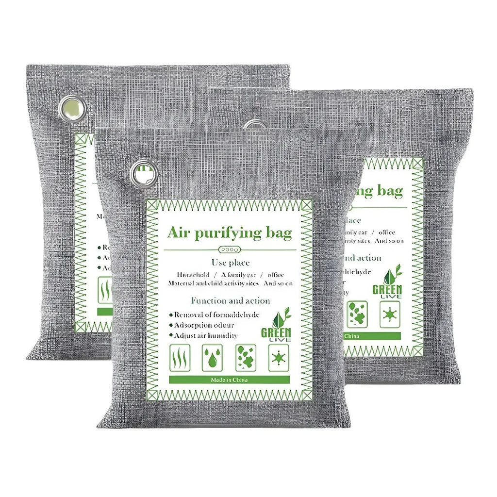 Sewn fabric bag filled with black bamboo charcoal granules for air purification.