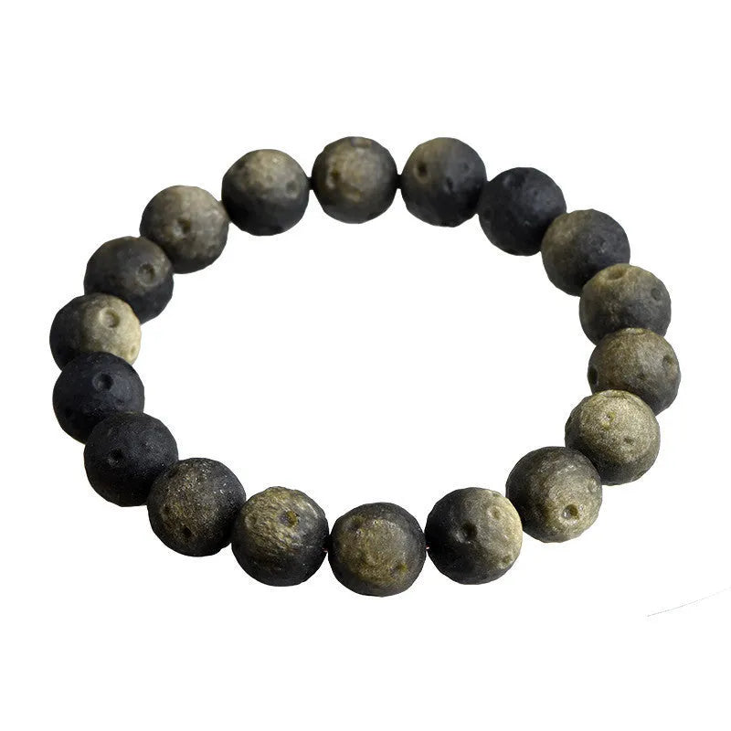 Natural obsidian crater ball bracelet with ground texture beads in silver or golden meteorite colours