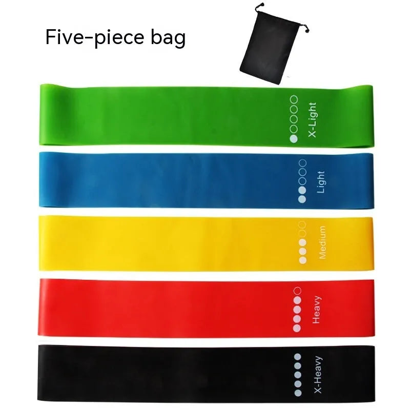 Set of five colour-coded yoga resistance straps with force marks and five plain TPE straps.