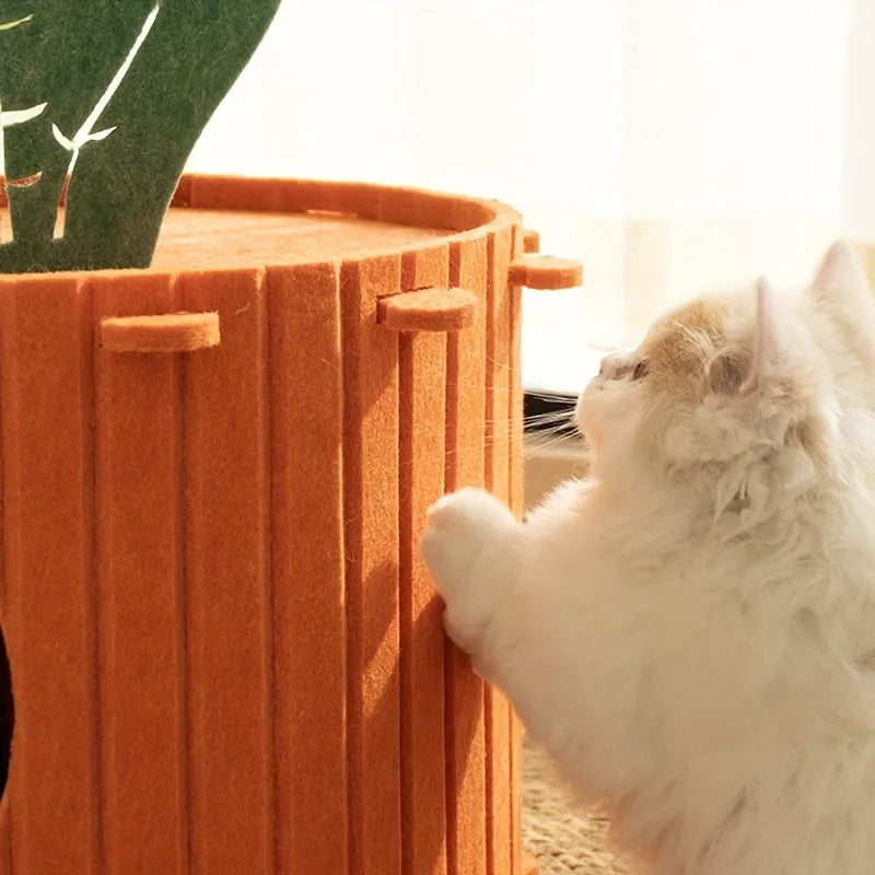 Carrot-shaped grey felt cat tunnel nest with circular entrance holes, shown in medium and large sizes.