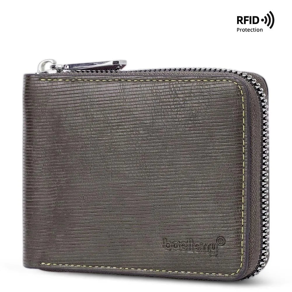 PU leather anti-theft credit card wallet with zipper closure in black or brown with embossed pattern